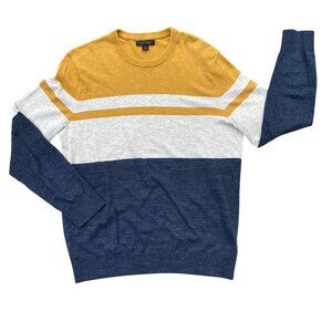 Banana Republic Men's Organic Cotton Striped Sweater Mustard Gold Blue Preppy-L